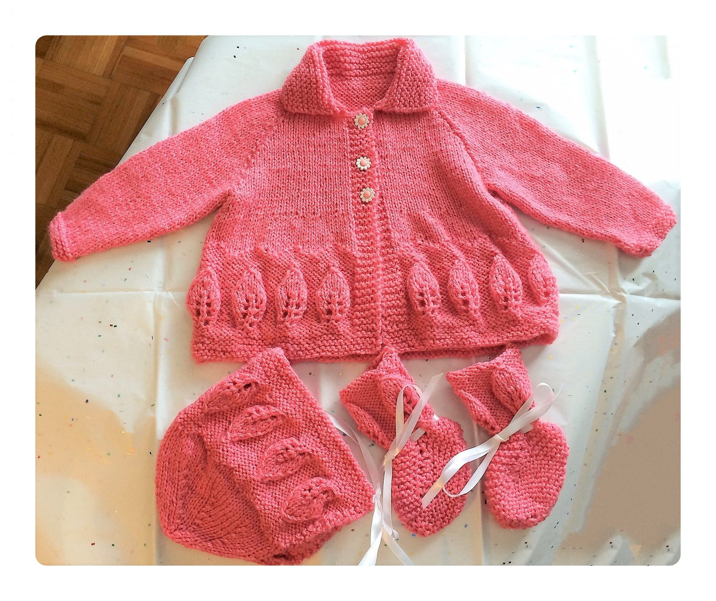 Vintage Knitting Pattern Baby Girl Leaf Border Cardigan Jacket Sweater Bonnet Booties Set PDF Instant Digital Download 0-12 m DK