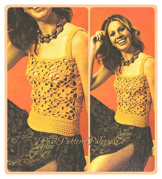 Vintage Crochet Pattern Womens Lacy Flower Motif Summer Top PDF Instant Digital Download Retro Boho Halter Grannies