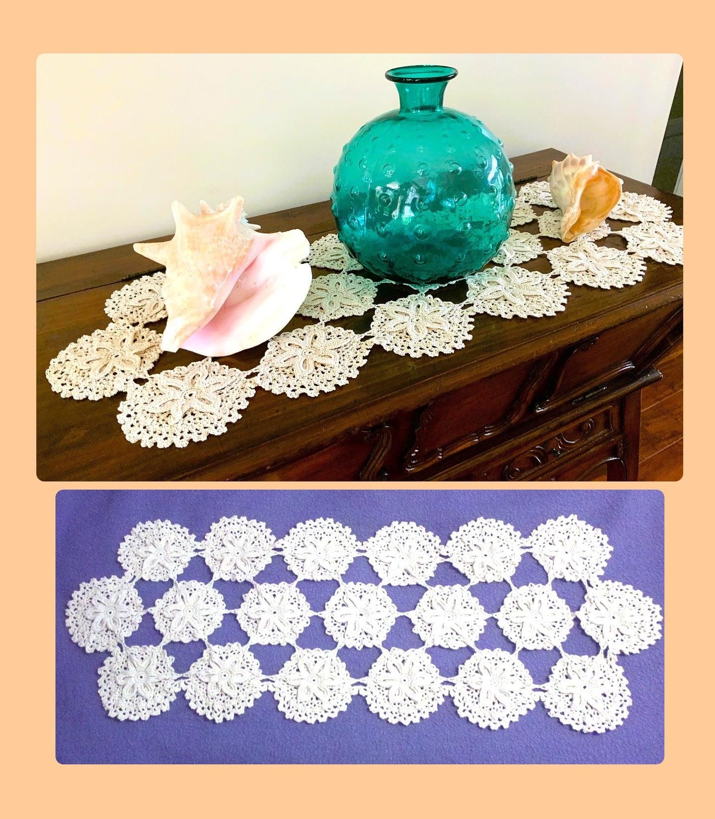 Vintage Crochet Pattern Sand Dollar Motif Table Runner Centerpiece PDF Instant Digital Download Coastal Seaside Nautical Beachy Decor 12x30