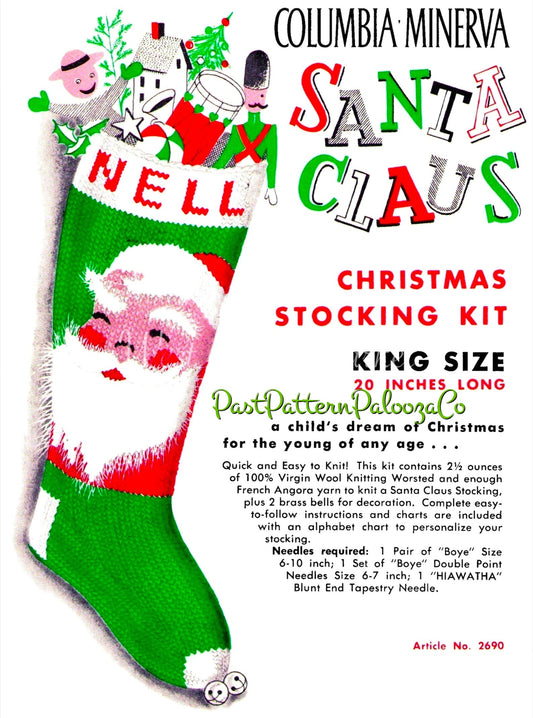 Vintage 20" Santa Face Christmas Stocking Knitting Pattern PDF Instant Digital Download Nostalgic Smiling  Angora Beard Retro Sock