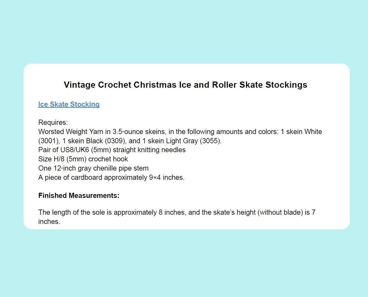 Vintage Crochet Pattern 7" Ice Skate Roller Skate Christmas Stockings PDF Instant Digital Download