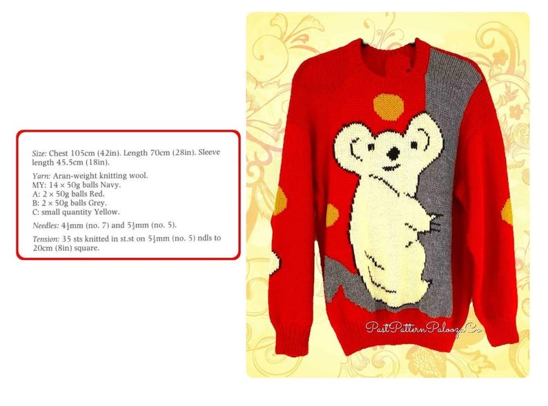 Vintage Knitting Pattern Lady Koala Bear Sweater Novelty Jumper PDF Instant Digital Download Australia Animal Pullover 80s Princess Diana