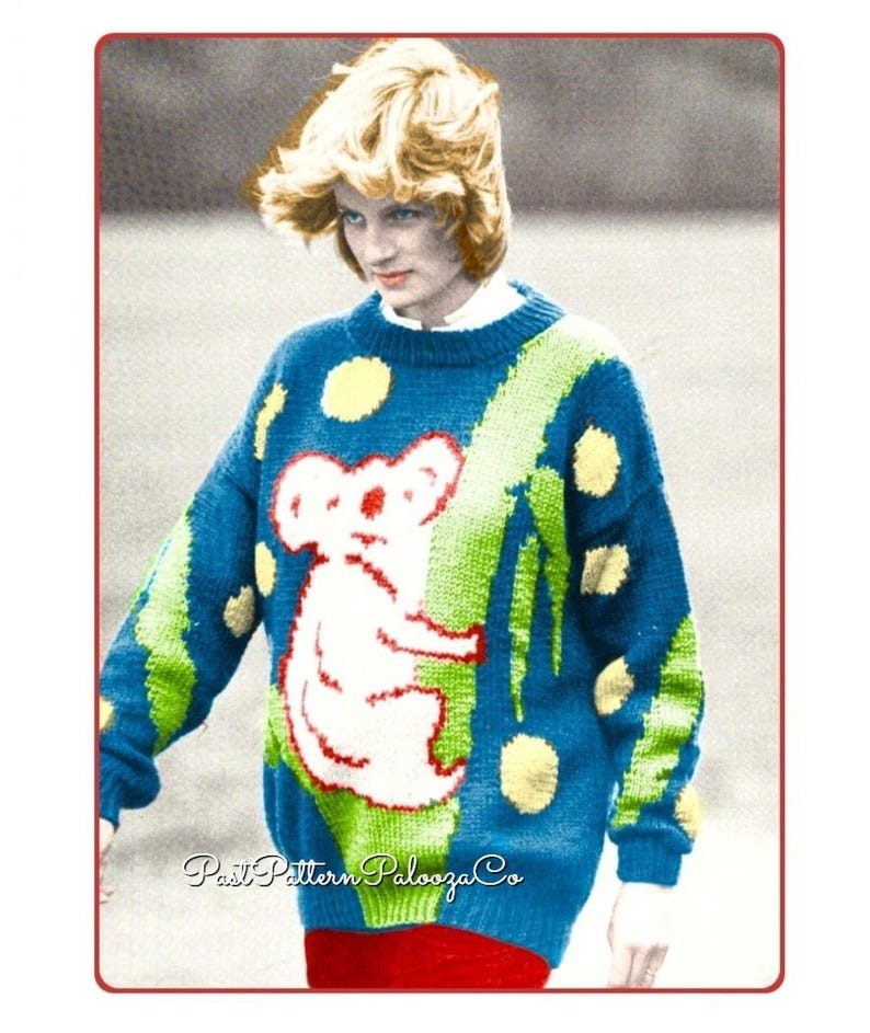 Vintage Knitting Pattern Lady Koala Bear Sweater Novelty Jumper PDF Instant Digital Download Australia Animal Pullover 80s Princess Diana