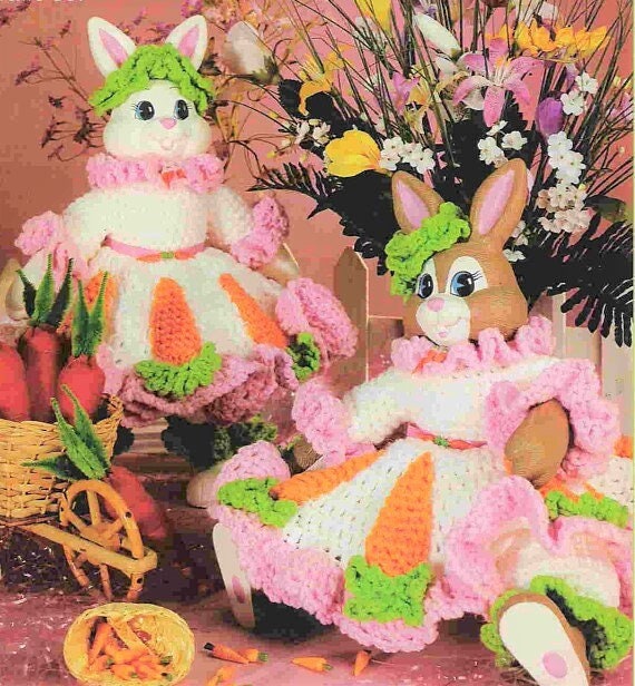 Vintage Crochet Pattern 13" Easter Bunny Rabbit Bed Doll Carrot Cottontail Dress Outfit PDF Instant Digital Download 10 Ply