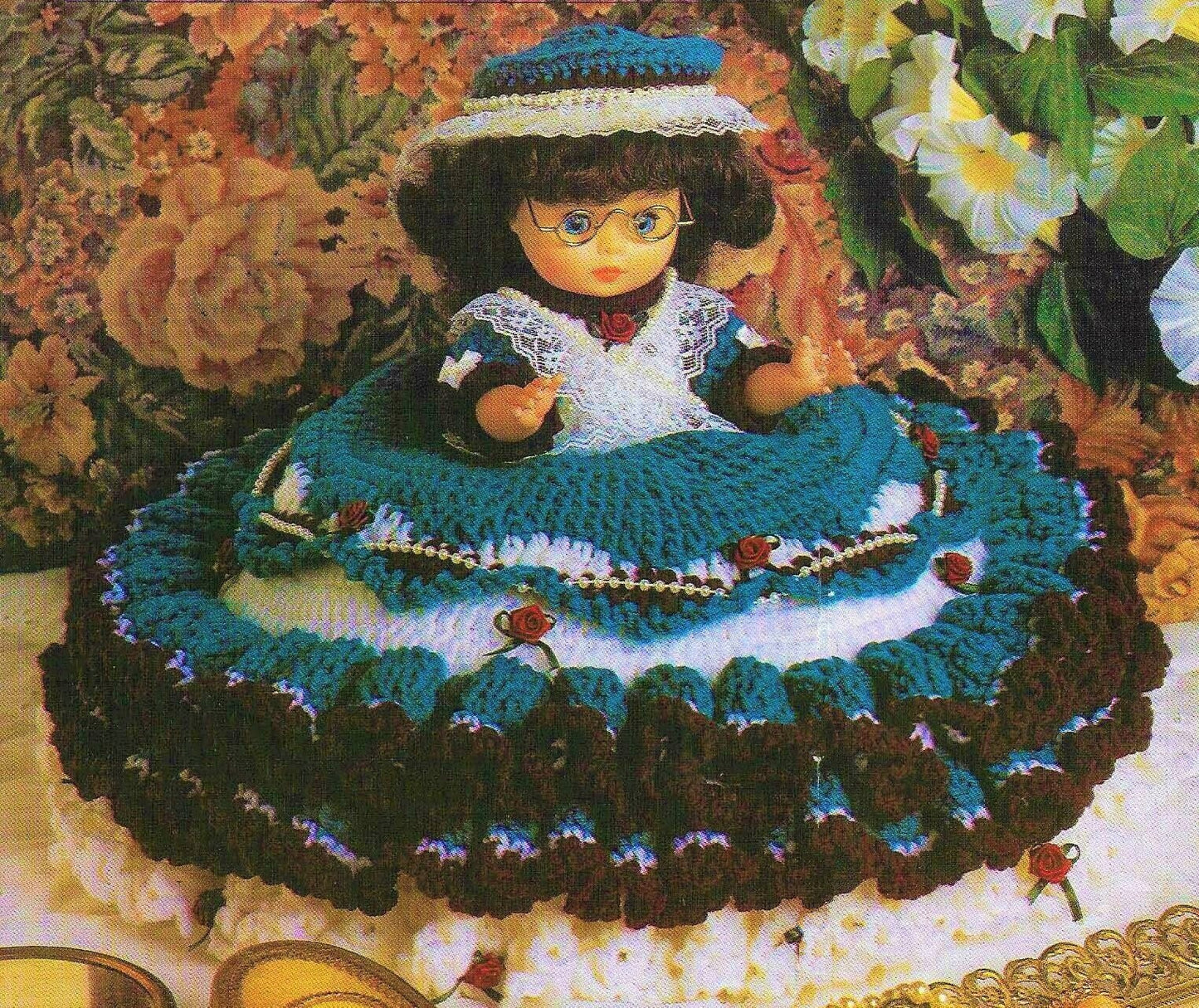 Vintage Crochet Pattern 12" Pretty Pillow Doll Bed Doll Ribbons Pearls Roses Ruffled Dress PDF Instant Digital Download 10 Ply