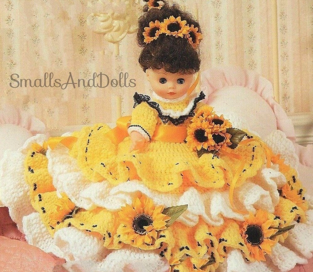 Vintage Crochet Pattern Sunflower Pillow Bed Doll PDF Instant Digital Download Beautiful Flower Outfit 10 Ply