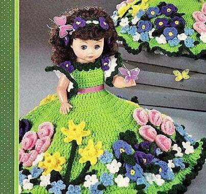 Vintage Crochet Pattern Favorite Things 13" Bed Doll Pillow Doll Music Box Doll Outfit Summer Flowers Dress PDF Instant Digital Download