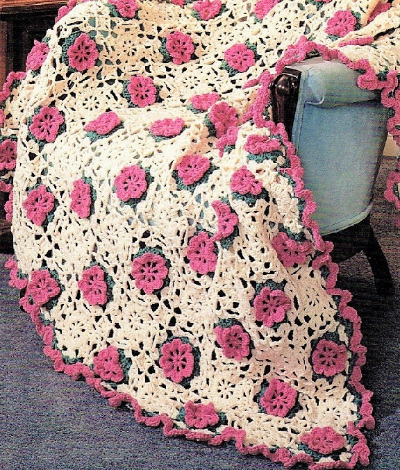 Vintage Crochet Pattern Victorian Ruffles and Roses Afghan PDF Instant Digital Download Granny Square Petal Flower Motif Blanket 10 Ply
