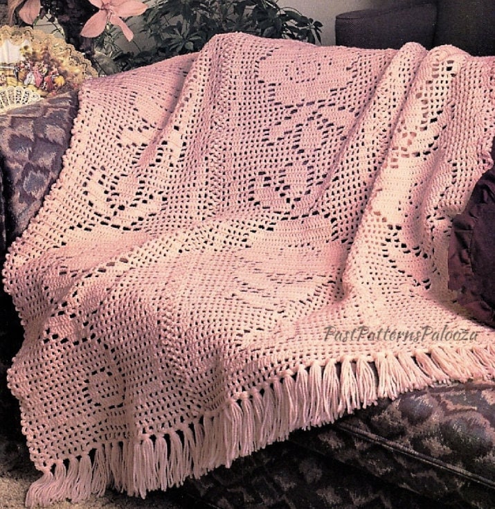 Vintage Filet Crochet Pattern Pretty Victorian Roses Afghan Instant Digital Download Blanket 48x57 10 Ply