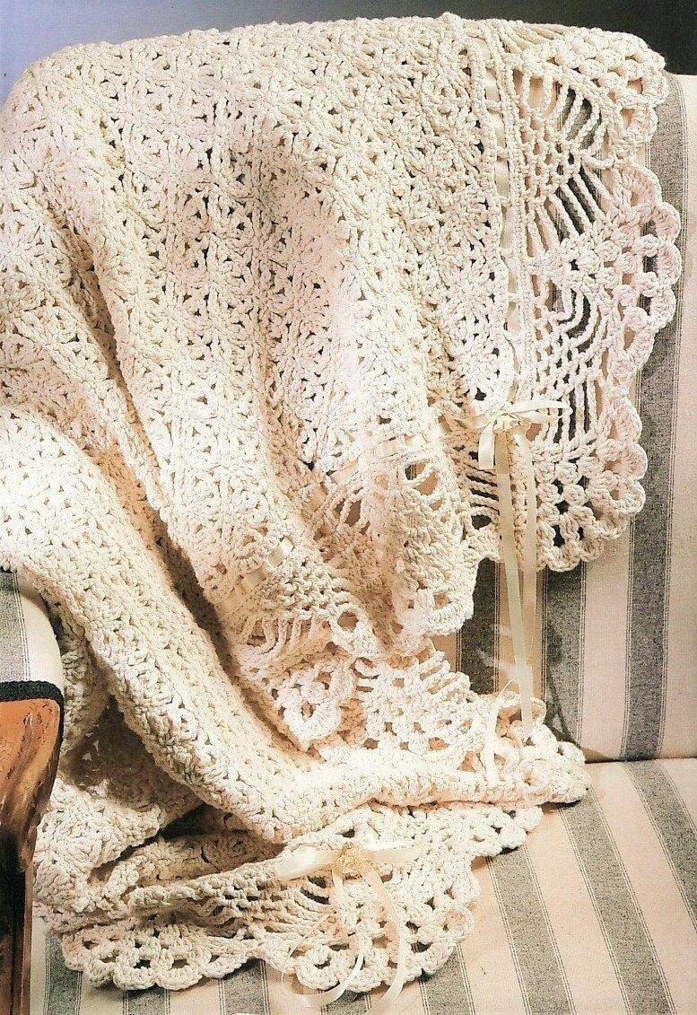 Vintage Crochet Pattern Victorian Lace Afghan Throw PDF Instant Digital Download Heirloom Christening Lapghan Ecru White 46x58