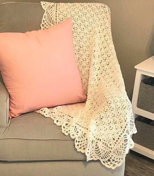 Vintage Crochet Pattern Victorian Lace Afghan Throw PDF Instant Digital Download Heirloom Christening Lapghan Ecru White 46x58
