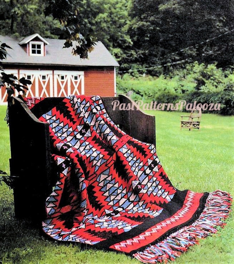 Vintage Crochet Afghan American Indian Blanket Pattern PDF Instant Digital Download Geometric Navajo Pottery 58x67 Tunisian Stitch 10 Ply