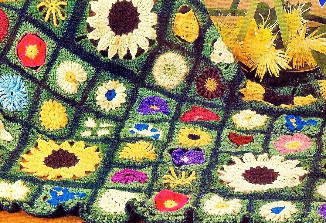 Vintage Crochet Afghan Pattern Beautiful Garden Flowers Wildflowers Granny Square Medley PDF Instant Digital Download 26 Different Florals