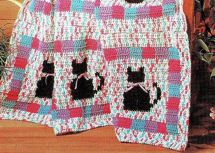 Vintage Crochet Pattern Cute Kitty Cat Blocks Afghan PDF Instant Digital Download Variegated Yarn Ribbon Bows Blanket Throw 47x61 10 Ply