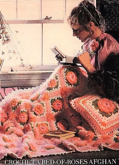 Vintage 1970s Crochet Pattern Bed of Roses Mohair Afghan and Pillow Set PDF Instant Digital Download 44x56