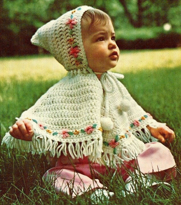 Vintage Crochet Precious Baby Girl Poncho with Hood Pattern Embroidered Flowers PDF Instant Digital Download Retro Hooded Girls Cape 12-18m