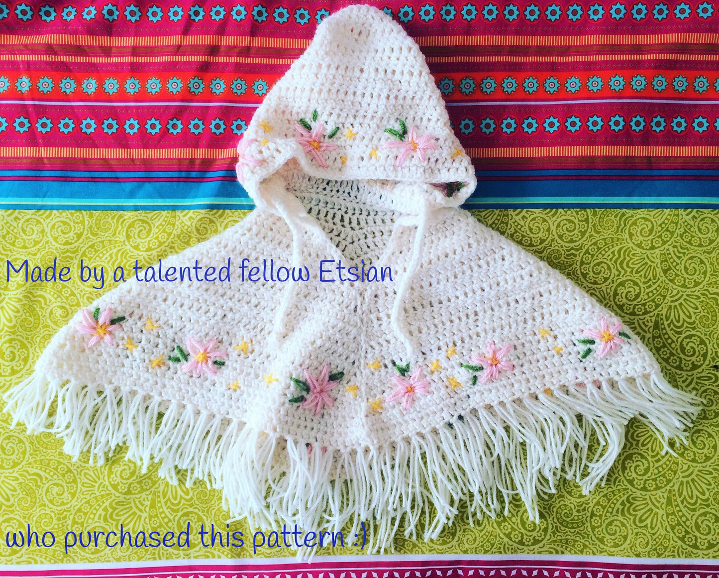 Vintage Crochet Precious Baby Girl Poncho with Hood Pattern Embroidered Flowers PDF Instant Digital Download Retro Hooded Girls Cape 12-18m