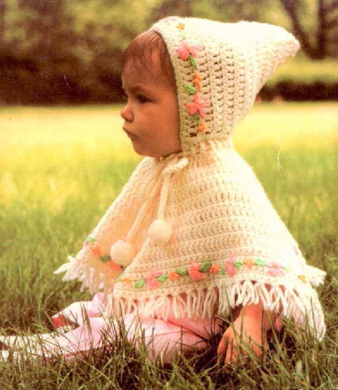 Vintage Crochet Precious Baby Girl Poncho with Hood Pattern Embroidered Flowers PDF Instant Digital Download Retro Hooded Girls Cape 12-18m