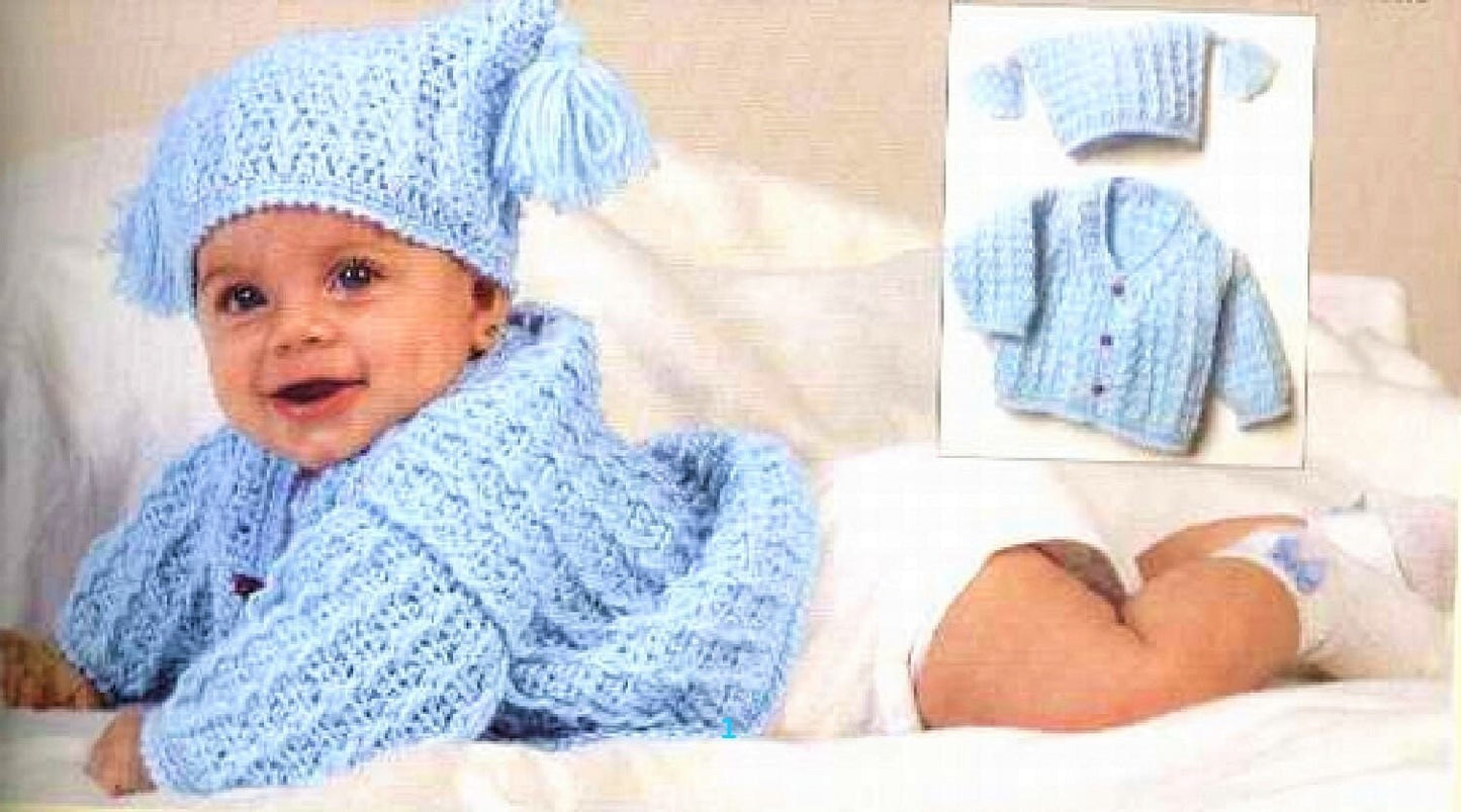 Vintage Crochet Pattern Baby Cabled Cardigan Sweater and Tasseled Hat Set PDF Instant Digital Download Cable Twist 6-12m 5 Ply