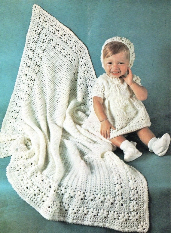 Vintage 60s Crochet Pattern Baby Crocheted Shawl Dress & Bonnet Set PDF Instant Digital Download Lacy Daisy Design Christening Baptism 0-9m
