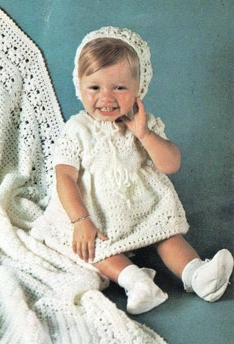 Vintage 60s Crochet Pattern Baby Crocheted Shawl Dress & Bonnet Set PDF Instant Digital Download Lacy Daisy Design Christening Baptism 0-9m