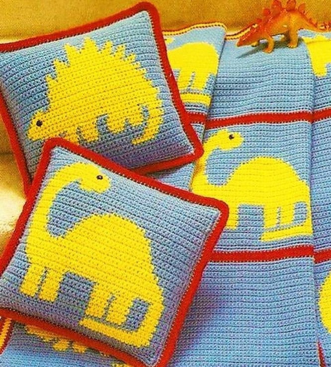 Vintage Crochet Pattern Kids Toddler Dinosaur Squares Afghan Blanket and Pillow Set PDF Instant Digital Download 37x49 10 Ply