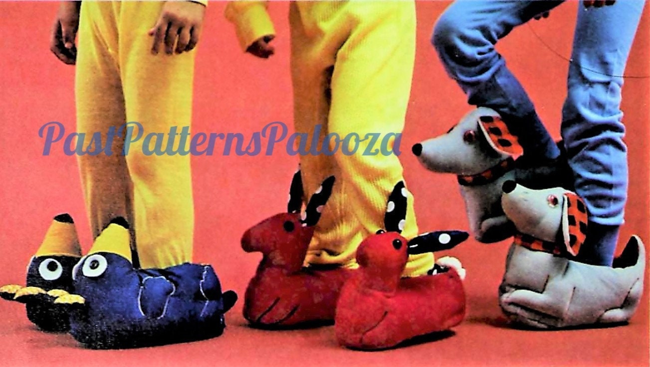 Vintage Sewing Pattern Childs Animal Slippers Puffy Quilted Foot Cozies PDF Instant Digital Download Sewn Plush Foot Covers Kids to Adults