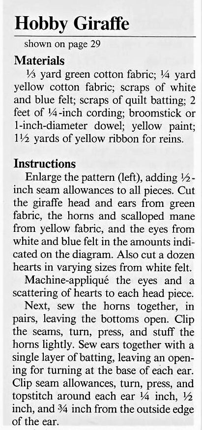 Vintage Sewing Pattern Hobby Horse Giraffe Soft Toy PDF Instant Digital Download Childs Ride On Stick Toy
