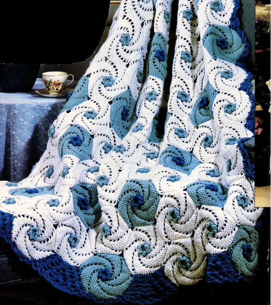 Vintage Crochet Pattern Ocean Waves Spirals Afghan PDF Instant Digital Download Deep Blue Sea Waves Swirl Squares Blanket Throw Afghan 48x76