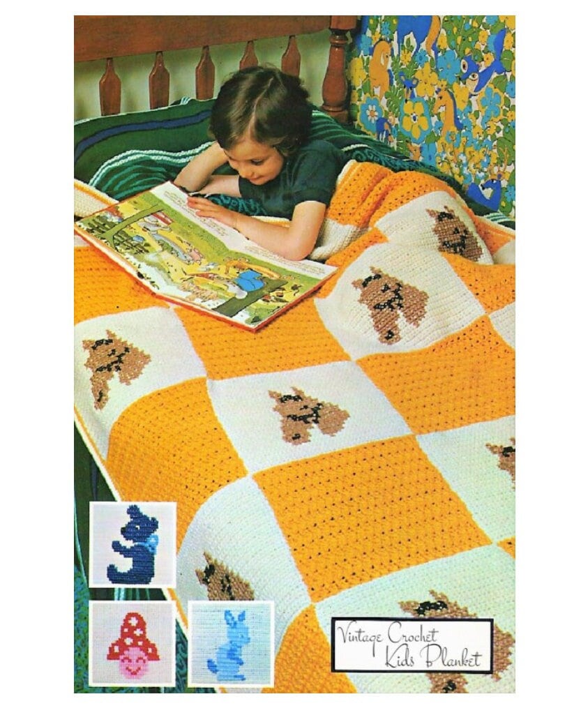 Vintage Crochet Pattern Kids Animal Squares Afghan PDF Instant Digital Download Childrens Horse Bunny Bear Twin Bed Blanket 10 Ply