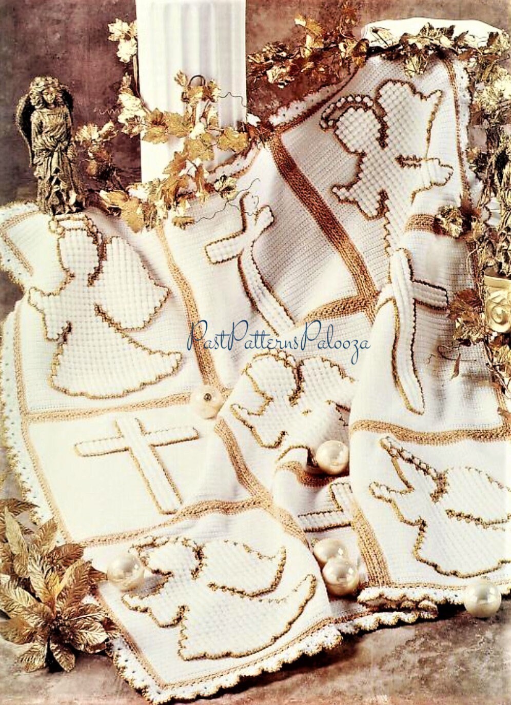 Vintage Crochet Pattern Angels Crosses Afghan PDF Instant Digital Download Religious Motif Throw Blanket 53x61