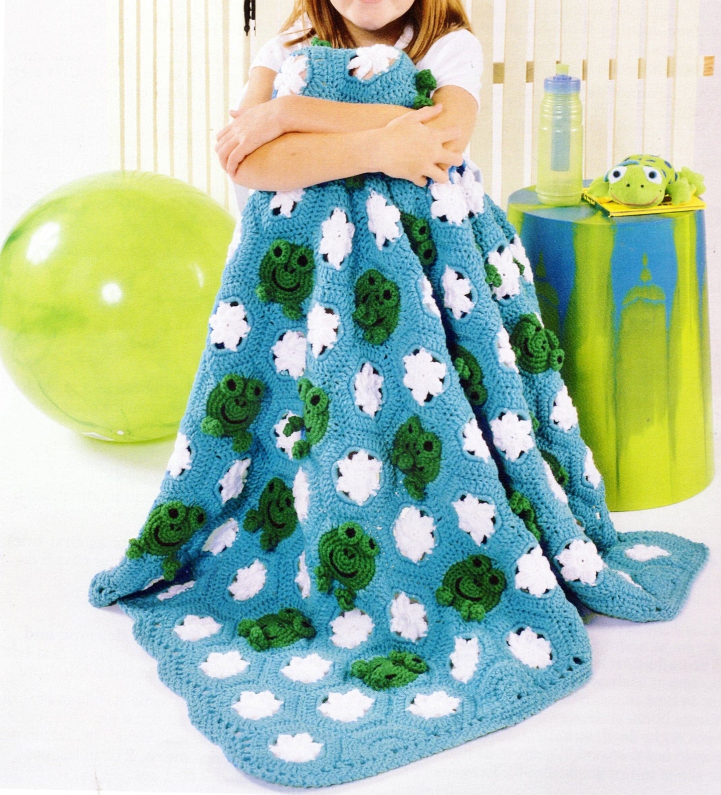 Vintage Crochet Kids Frog Frenzy Afghan Pattern PDF Instant Digital Download Froggie Lily Pads Floral Motifs Animal Afghan Patchwork E4