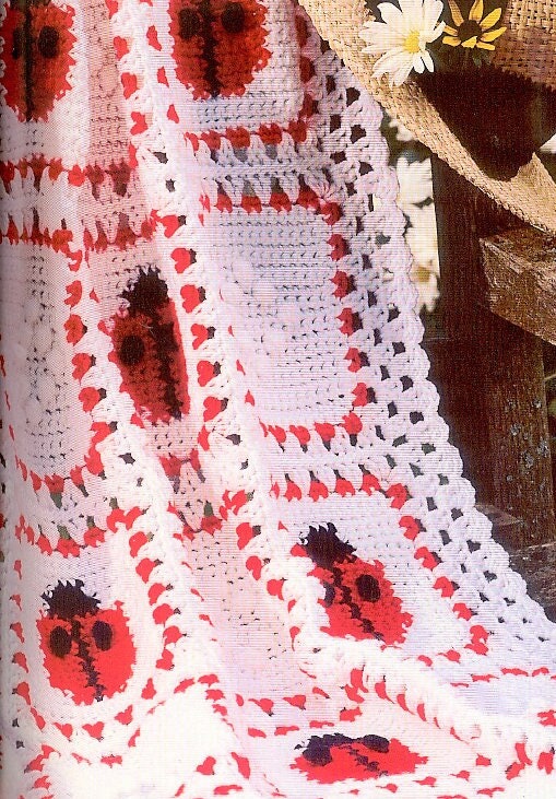 Vintage Crochet Pattern Ladybugs and Diamonds Afghan PDF Instant Digital Download Ladybug Square Motif Throw Blanket 32x44 5 Ply