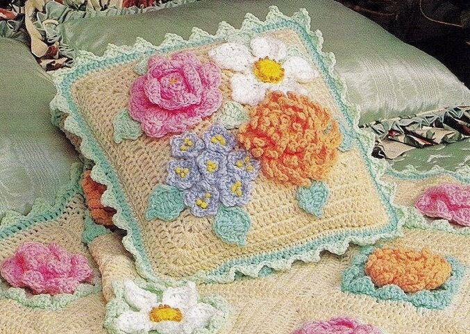 Vintage Crochet Pattern Grannys Pretty Flower Garden Afghan & Pillow Set PDF Instant Digital Download Beautiful Flower Field Squares 10 Ply