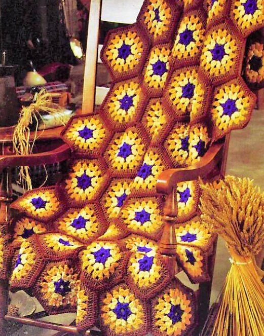 Vintage Crochet Pattern Granny Hexagon Blocks Afghan Harvest Gold PDF Instant Digital Download Autumn Fall Cluster Shells Blanket 10 Ply