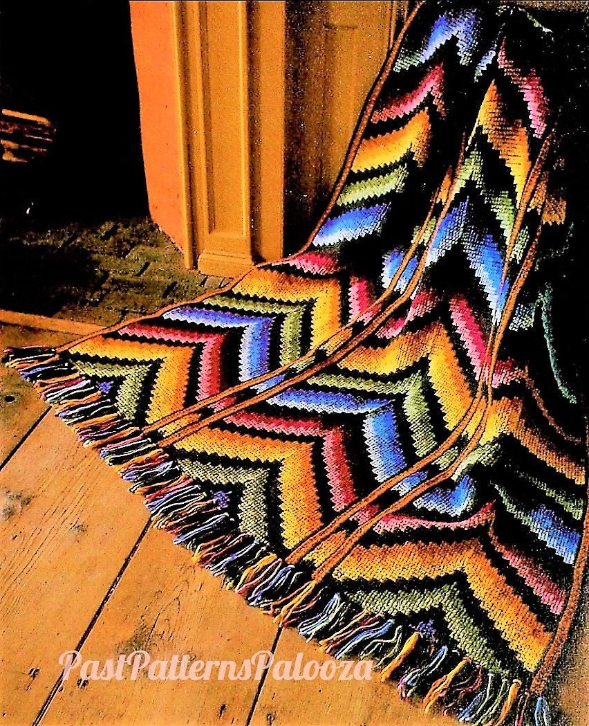 Vintage Crochet Pattern Florentine Chevron Ripple Afghan PDF Instant Digital Download Embroidered Jewel Tones Tunisian Stitch 54x72 10 Ply