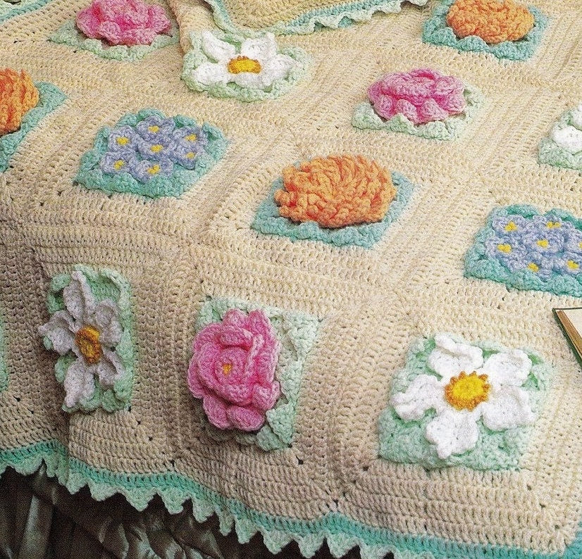 Vintage Crochet Pattern Grannys Pretty Flower Garden Afghan & Pillow Set PDF Instant Digital Download Beautiful Flower Field Squares 10 Ply
