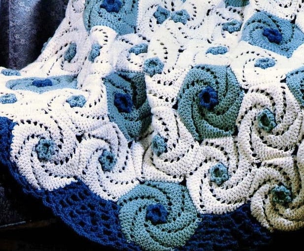 Vintage Crochet Pattern Ocean Waves Spirals Afghan PDF Instant Digital Download Deep Blue Sea Waves Swirl Squares Blanket Throw Afghan 48x76