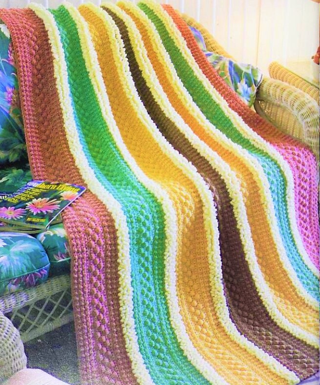 Vintage Crochet Pattern Clusters & Ruffle Rows Afghan PDF Instant Digital Download Striped Textured Blanket 55x72 10 Ply