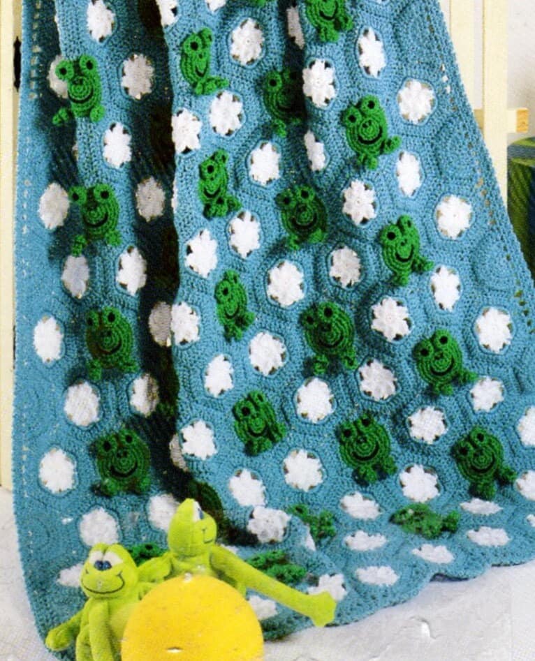 Vintage Crochet Kids Frog Frenzy Afghan Pattern PDF Instant Digital Download Froggie Lily Pads Floral Motifs Animal Afghan Patchwork E4