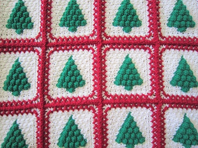 Vintage Crochet Pattern Cluster Stitch Christmas Trees Afghan PDF Instant Digital Download Holiday Granny Squares Blanket 10 Ply