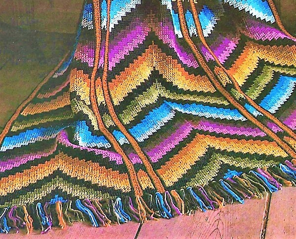 Vintage Crochet Pattern Florentine Chevron Ripple Afghan PDF Instant Digital Download Embroidered Jewel Tones Tunisian Stitch 54x72 10 Ply