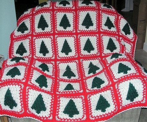 Vintage Crochet Pattern Cluster Stitch Christmas Trees Afghan PDF Instant Digital Download Holiday Granny Squares Blanket 10 Ply