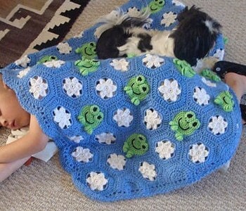 Vintage Crochet Kids Frog Frenzy Afghan Pattern PDF Instant Digital Download Froggie Lily Pads Floral Motifs Animal Afghan Patchwork E4