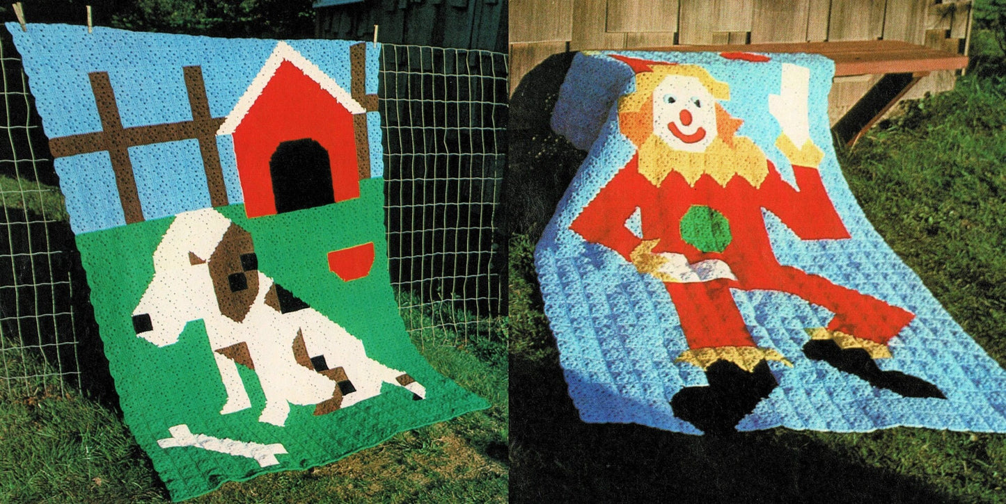 Vintage Crochet Pattern Kids Picture Afghans Puppy Dog and Clown PDF Instant Digital Download Granny Square Bed Throws 45x68 10 Ply