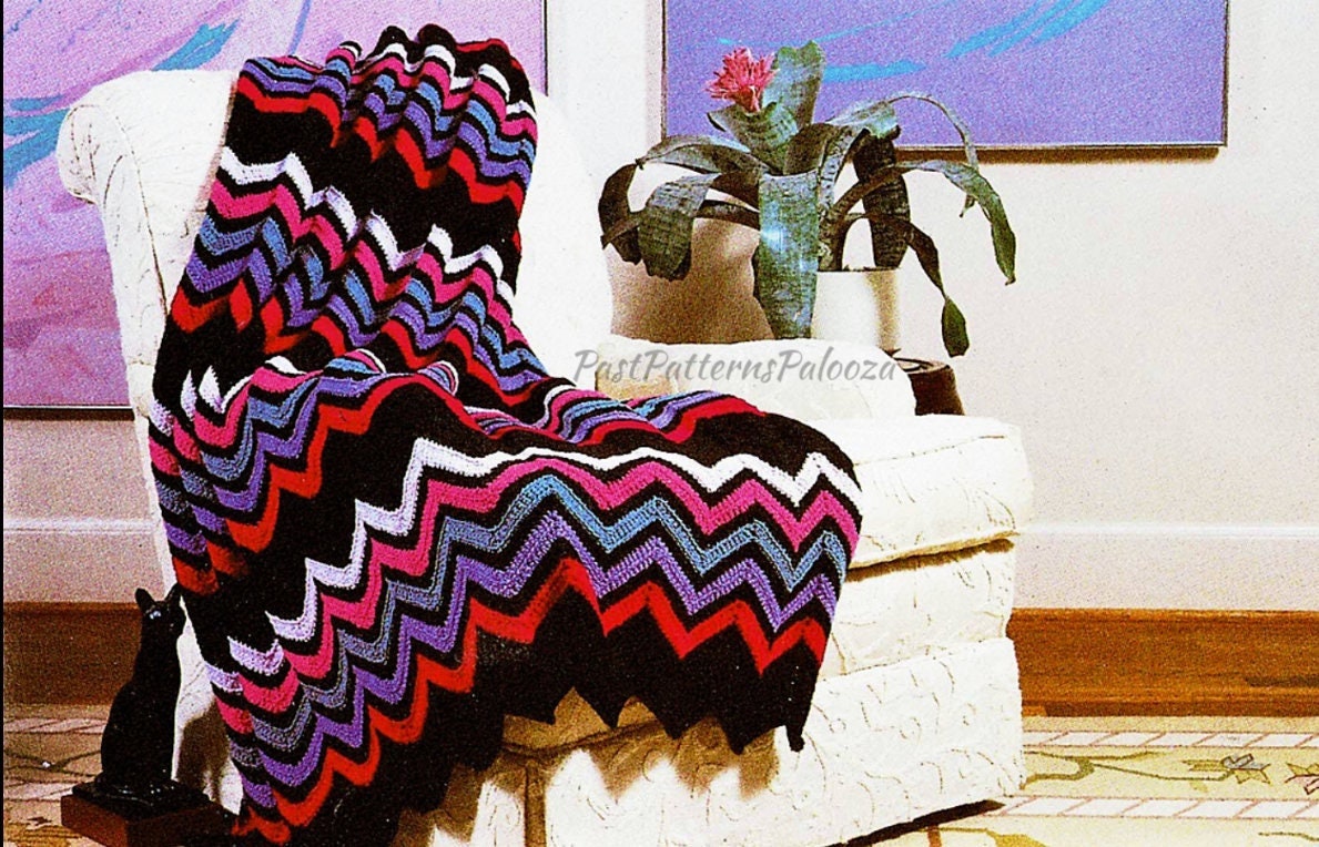 Vintage Crochet Pattern Classic Ripple Chevron Afghan Berry Lavender PDF Instant Digital Download Traditional Wave Blanket 51x79 10 Ply