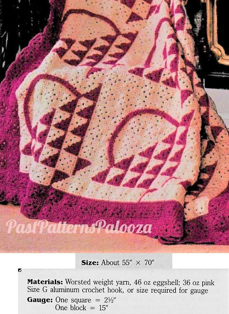Vintage Crochet Pattern Hand Baskets Afghan Granny Squares Country Quilt Block Design PDF Instant Digital Download 55x70 10 Ply