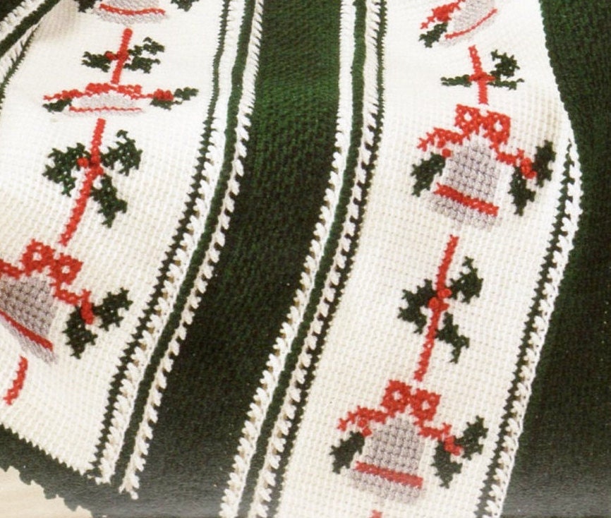 Vintage Crochet Pattern Silver Christmas Bells Afghan PDF Instant Digital Download Tunisian Stitch with Cross Stitch 48x67 10 Ply