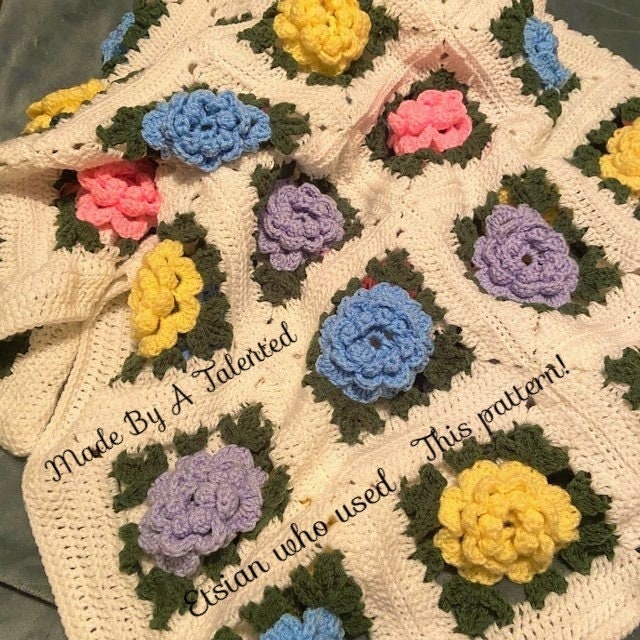 Vintage Crochet Pattern Blooming Cabbage Roses Granny Square Afghan PDF Instant Digital Download Petal Flowers Blanket 47x62 4 Ply