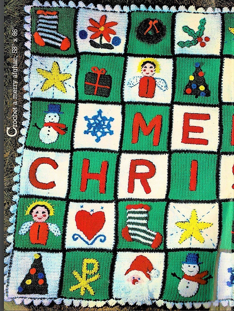 Vintage Crochet Pattern Merry Christmas Afghan Holiday Motif Applique Squares Design PDF Instant Digital Download 10 Ply